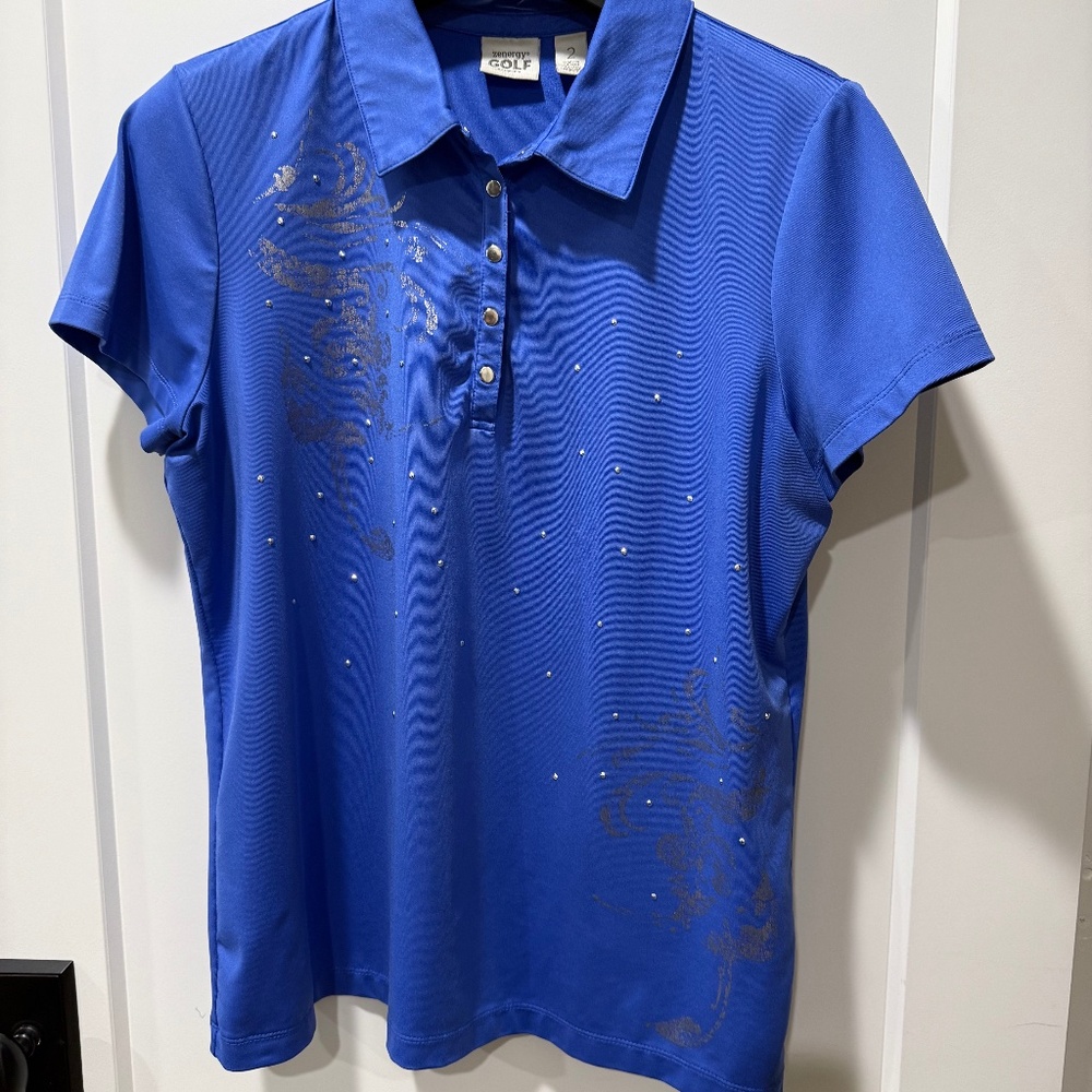 Chico's Zenergy blue and silver golf shirt with embellishments size 2